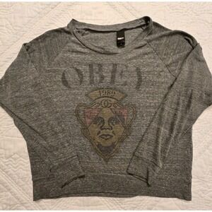 Obey Women's Gray Crewneck Vintage Y2K Long Sleeve Graphic Shirt Size Small S